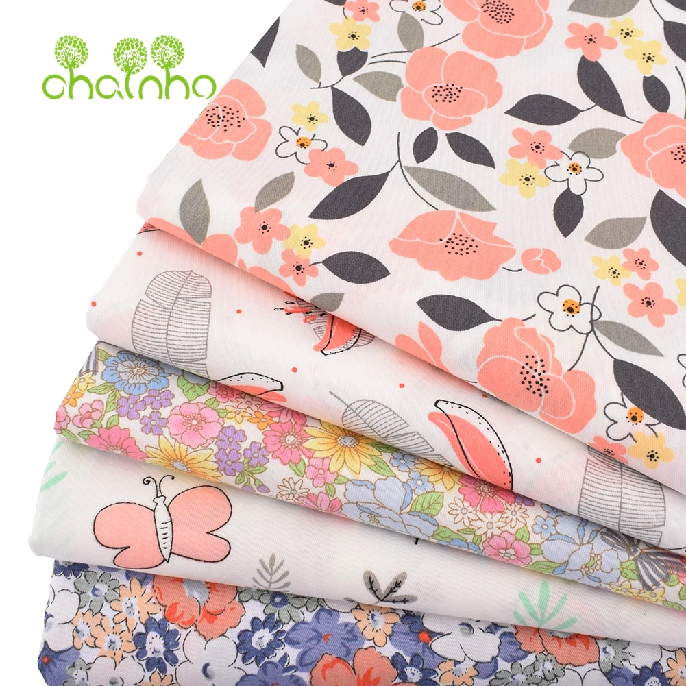 Chainho,Printed Twill Weave Cotton Fabric,DIY Sewing Quilting Material,Patchwork Cloth,5 Designs Pink Series,2 Sizes,15C200