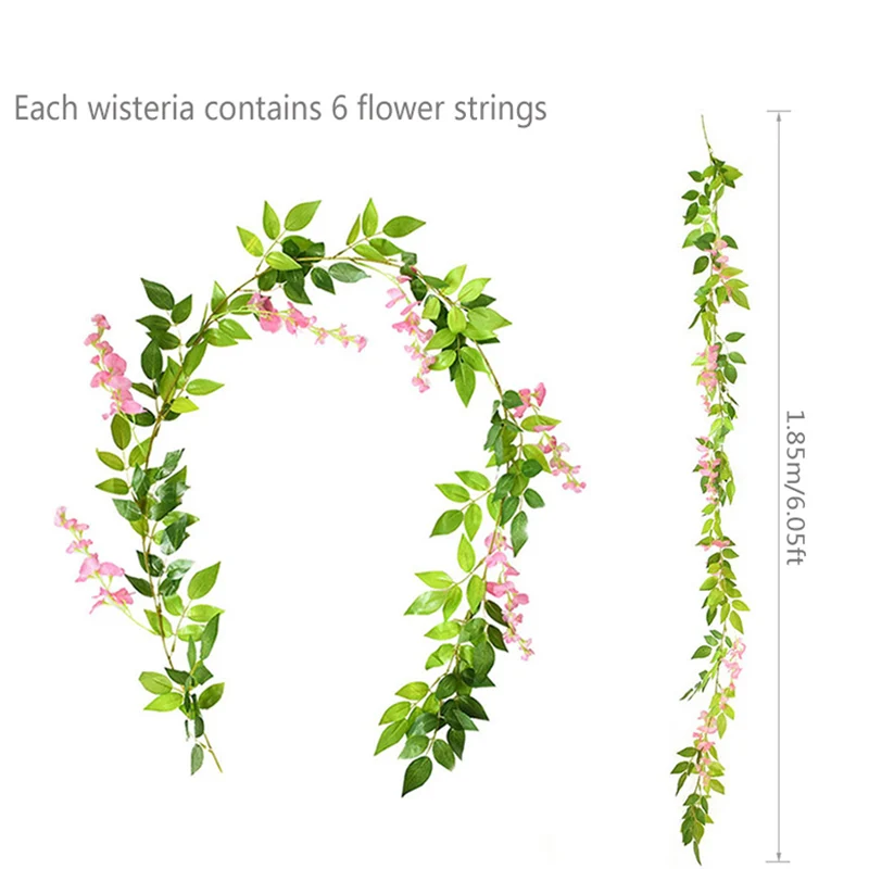 1.85M Wisteria Artificial Flowers Vine Garland Wedding Arch Decoration Fake Plants Foliage Rattan Trailing Faux Flowers Ivy Wall