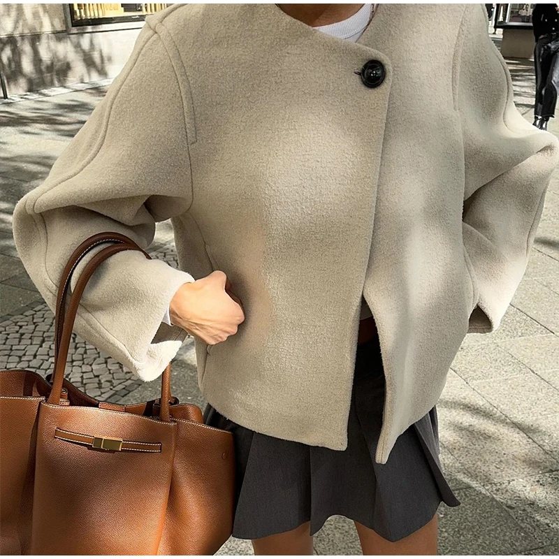 Elegant Solid Woolen Blend Jacket For Women Fashion Button O-neck Long Sleeve Coat New Autumn Winter Commute Warm Outwear