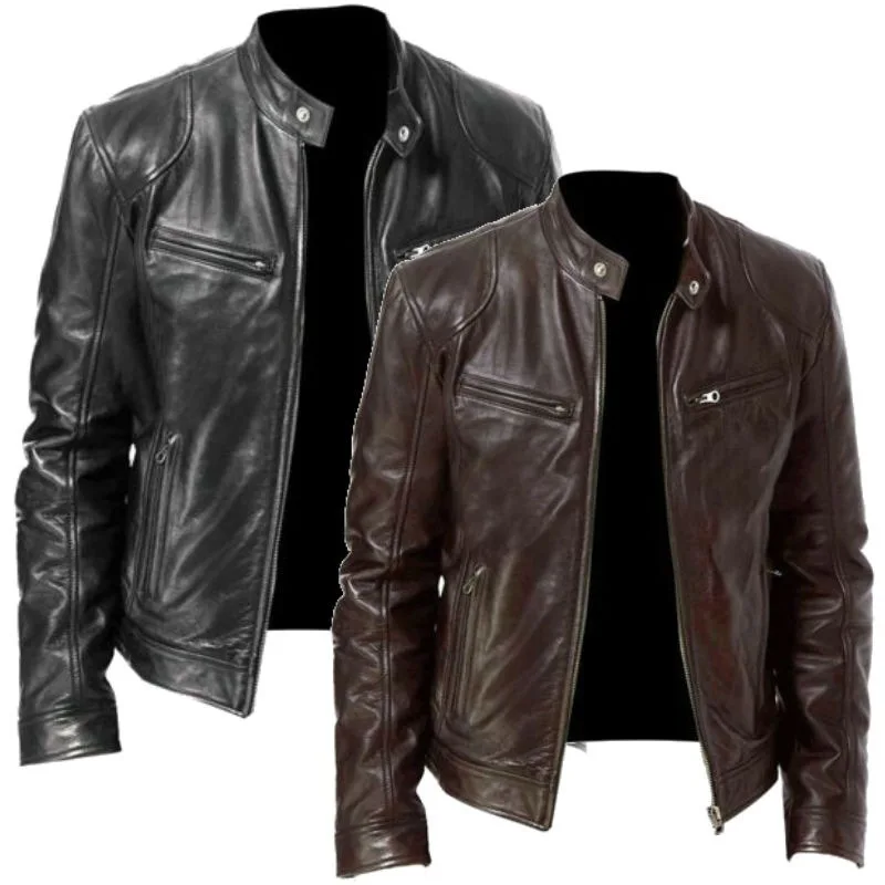 

Модная мужская кожаная куртка, приталенная куртка из искусственной кожи с воротником-стойкой, Мужская мотоциклетная куртка с защитой от ветра и лацканами, мужские куртки с Диагональной молнией 2023