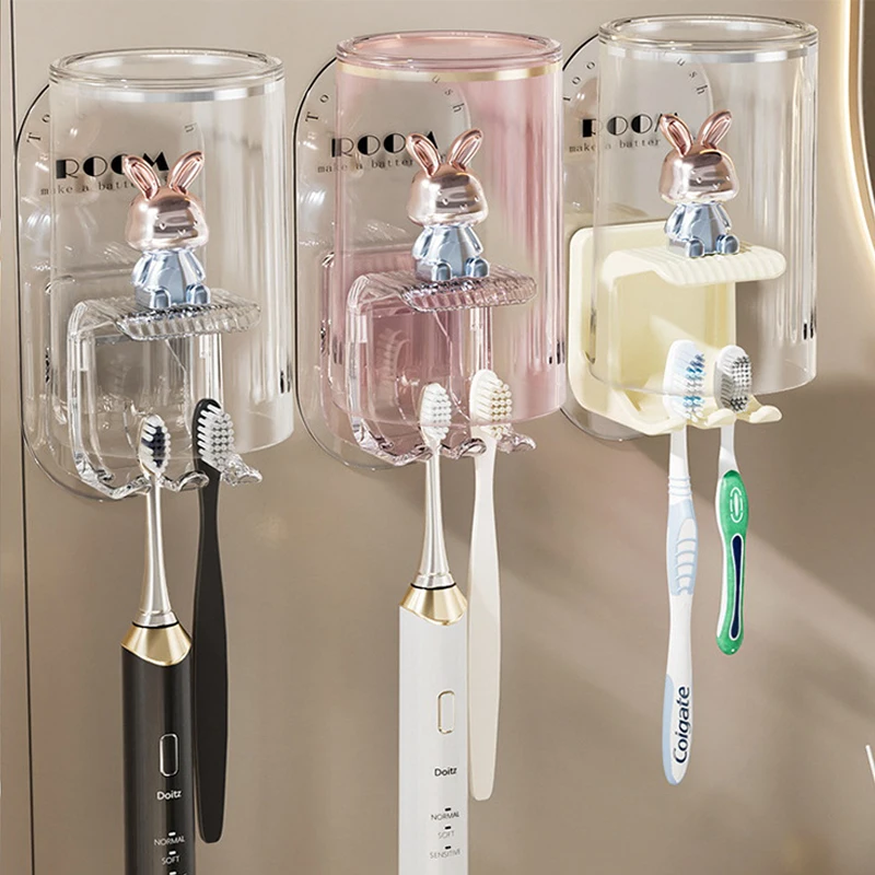 Cute Rabbit Wall-mounted Toothbrush Holder For Bathroom_voghion.com