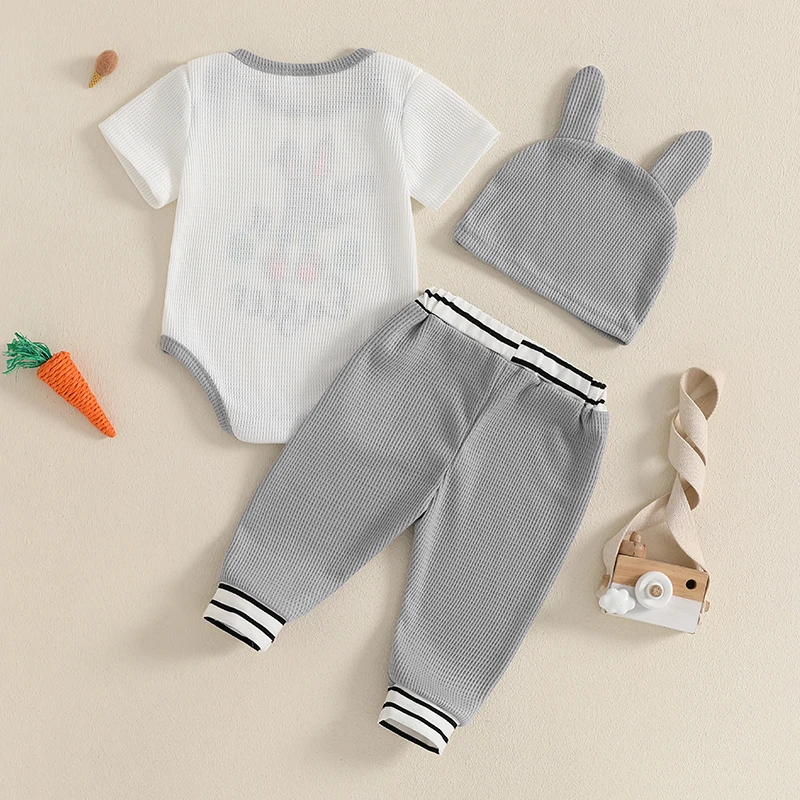 0-18M Baby Boy Easter Outfits Bunny Letter Print Short Sleeve Romper with Stripe Cuffs Long Pants and Hat 3 Pcs Set 3