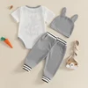 0-18M Baby Boy Easter Outfits Bunny Letter Print Short Sleeve Romper with Stripe Cuffs Long Pants and Hat 3 Pcs Set 3