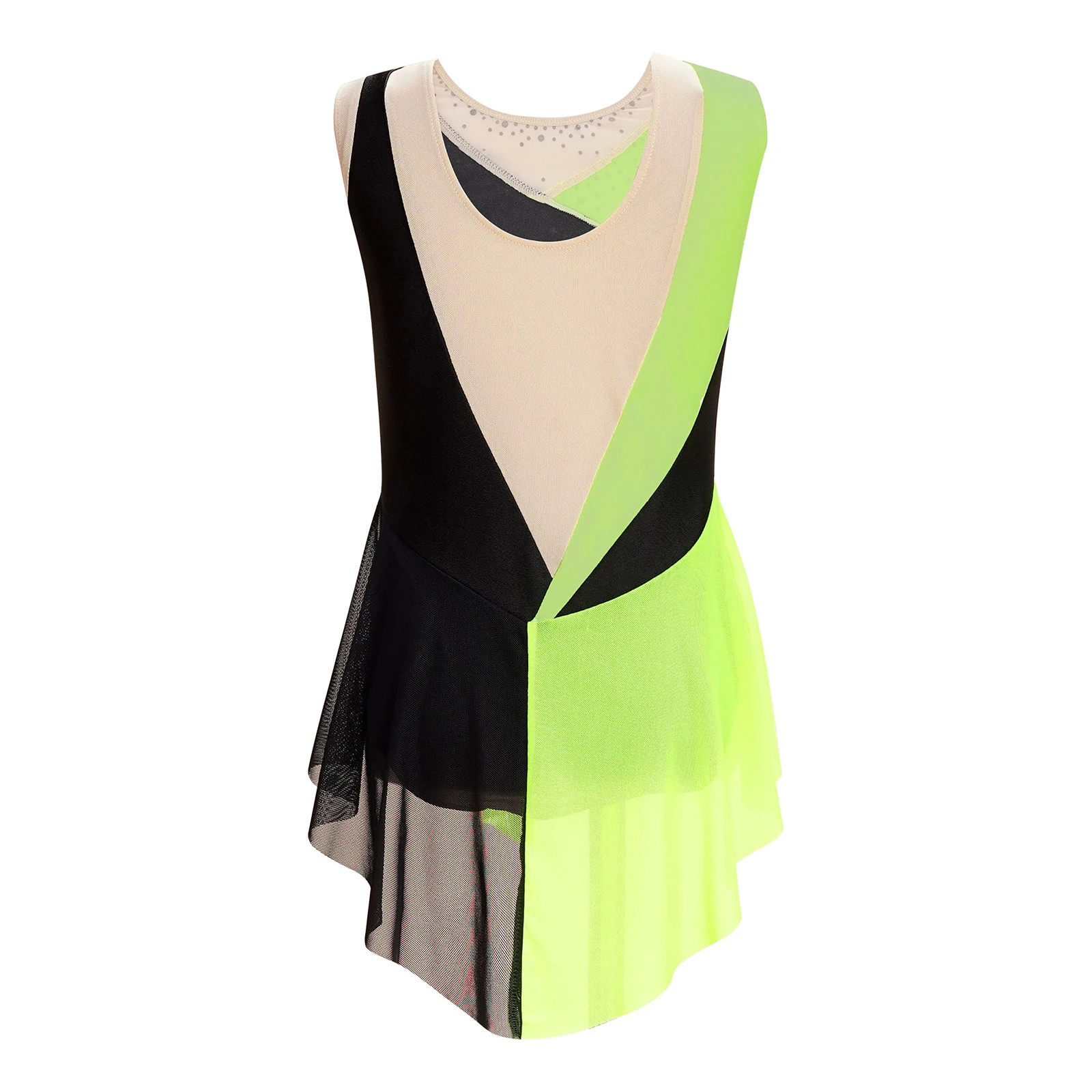 Figure Skating Dress for Kids Girls Performance Costumes Rhinestone Mesh Splice Ballet Dance Dresses Gymnastics Leotards