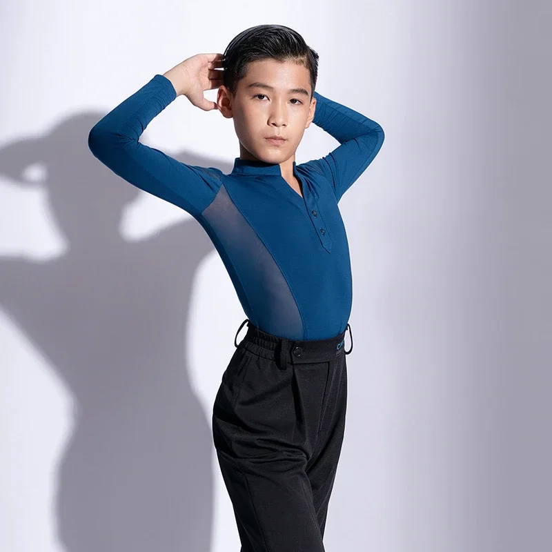 Dance Shirts Kids Boys Latin Dance Clothes Mesh Long Sleeve Male Professional Latino Dance Competition Tops Cha Cha Ballroom Dancewear G5103