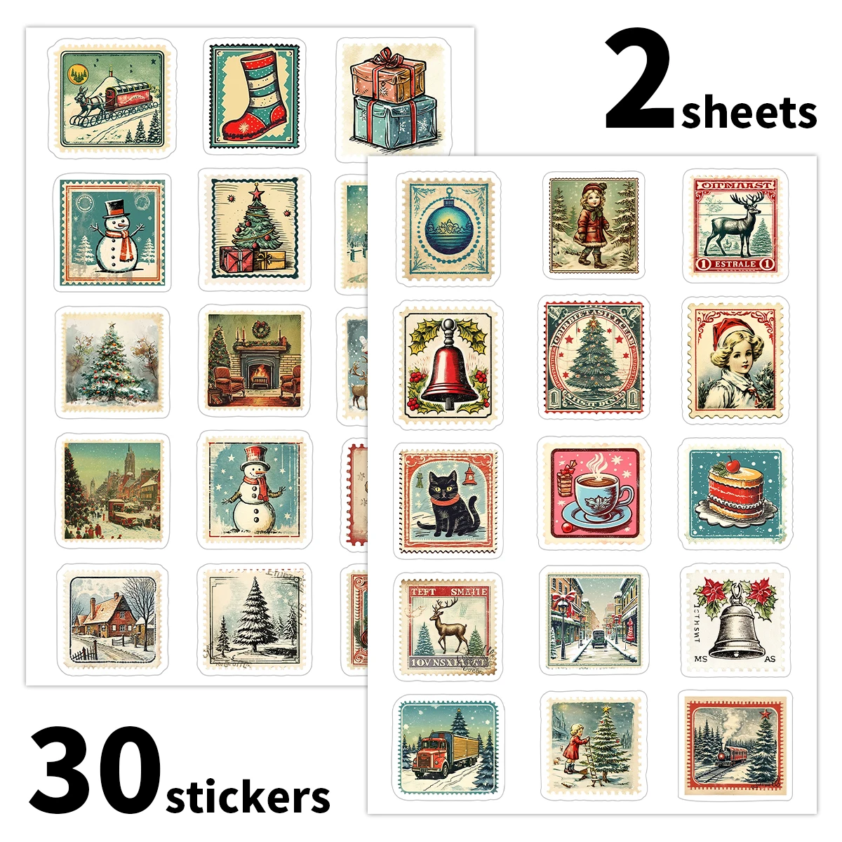 30 Stück/2 Blatt süße Weihnachtsaufkleber – gemütliche Winterszenen-Designs, Etiketten zum Verpacken von Geschenken, Sammelalbum, Heimparty-DIY-Basteldekoration – Detail 8