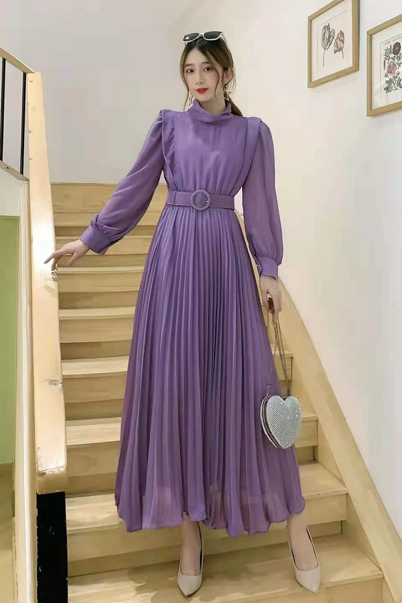 

2023 New Spring Summer Temperament half high collar long sleeve Dress high waist lace up waist mid-length A-line Pleated Dress