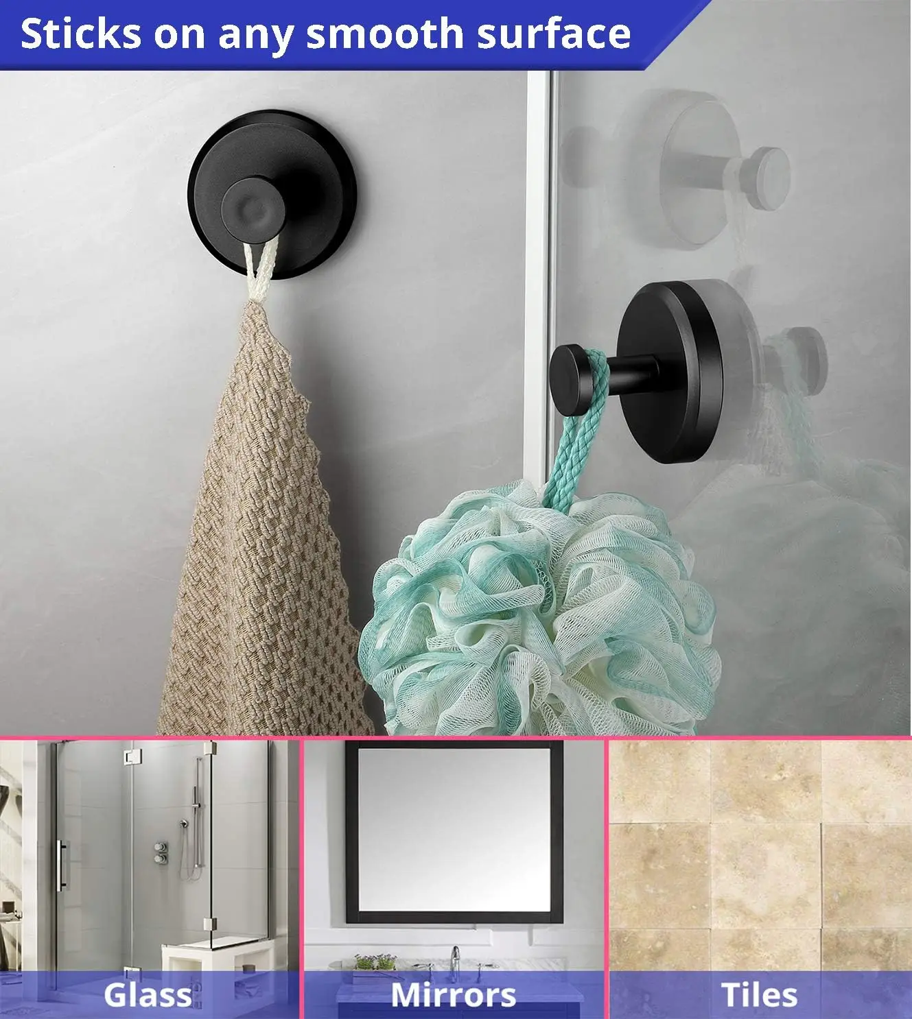 Suction Cup Hooks for Shower, Bathroom, Kitchen, Glass Door, Mirror, Tile &ndash; Loofah, Towel, Coat, Bath Robe Hook Holder