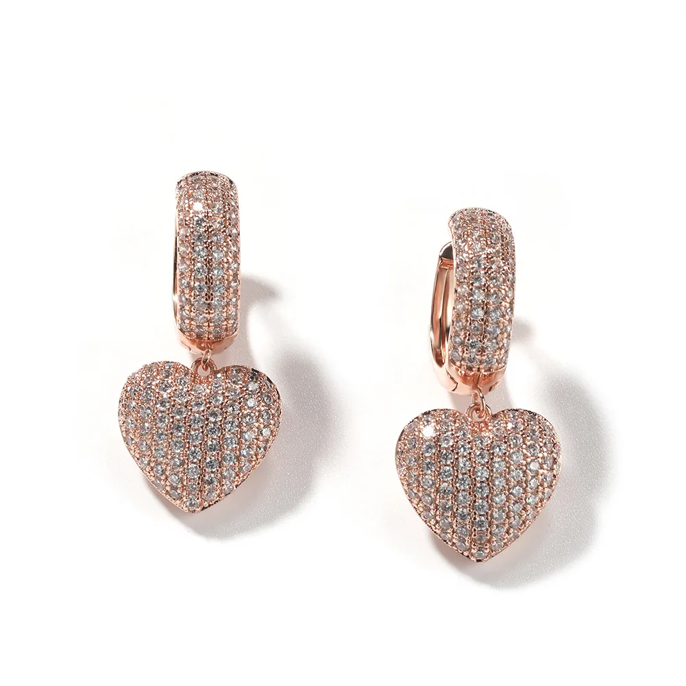 Light New Heart Shape Mirco Pave Bling Bling Iced Out Cubic Zircon Prong Setting Brass Earrings Fashion Hip Hop Jewelry BE040