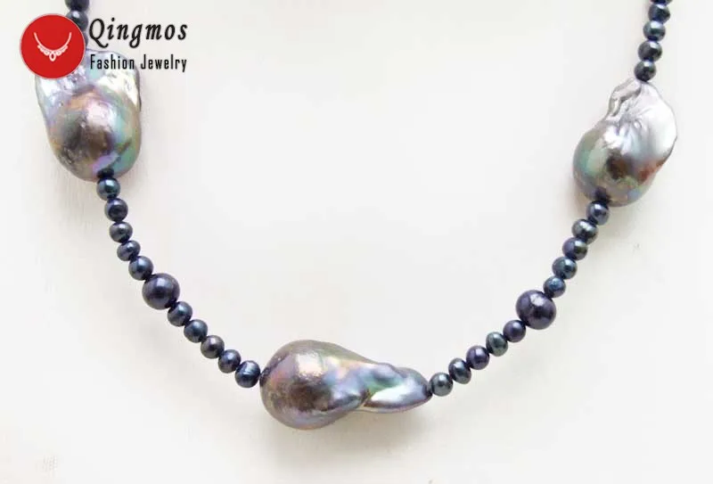 Qingmos 14*25mm Baroque Natural Black Pearl Pendant Necklace for Women with 5mm Black Pearl Pearl Necklace Chokers Jewelry