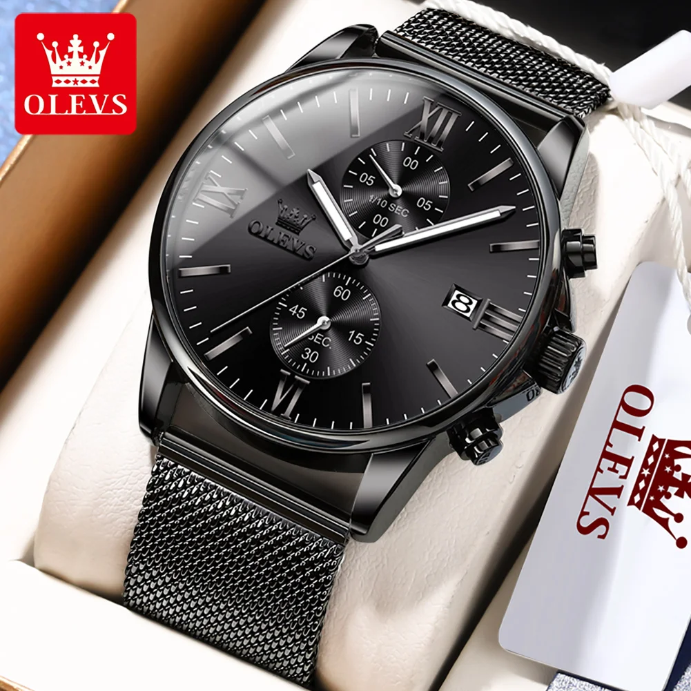 OLEVS New Mens Watches Top Brand Luxury Ultra Thin Quartz Watch Men Steel Mesh Strap Waterproof Black Watch Relogio Masculino