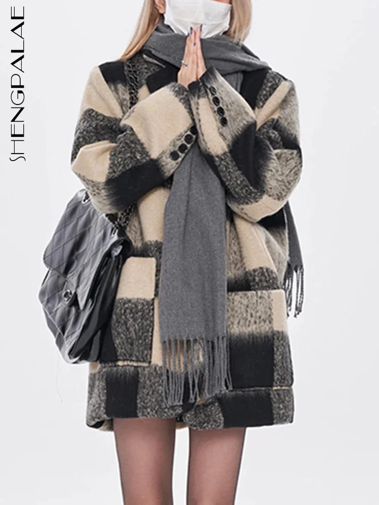 

SHENGPALAE Women's Clothing Suit Tops Contrast Black White Plaid Winter Autumn 2023 Thickened Cotton Cladding Woolen Coat 5R7008