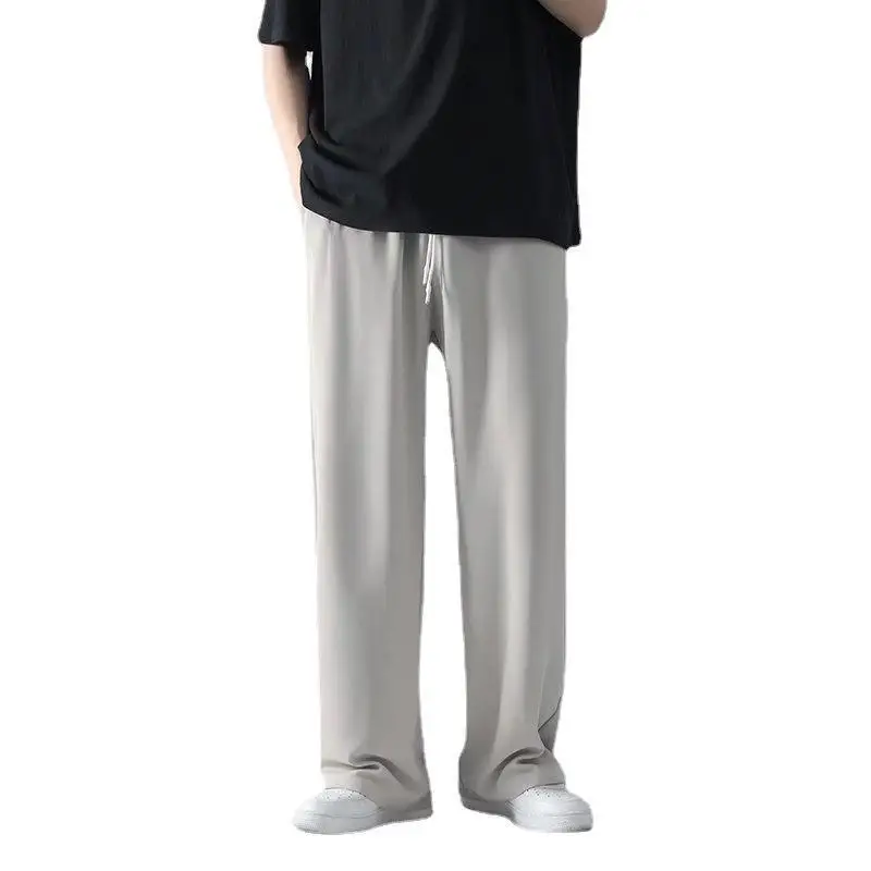 Ice Silk Straight Leg Casual Pants Men's Summer Thin Hong Kong Sle Drapey Wide Leg Casual Trousers Pure Color Loose Fit
