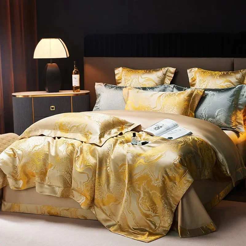 Royal Beige Gold Satin Duvet Cover Set Egyptian Cotton Silky Shiny Comforter Covers Zipper Closure Bedding Bed Sheet Pillowcases - Image 4