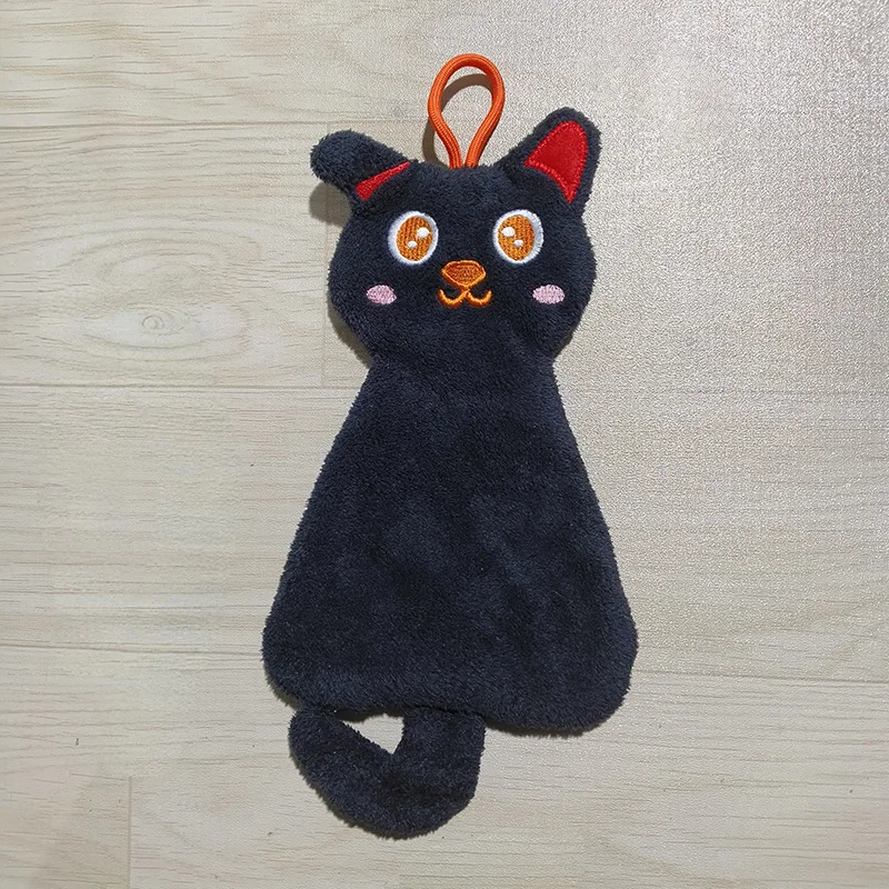 Black Cat Cartoon Hand Towel - Soft & Absorbent Coral Fleece for Kids - Halloween Pumpkin Design for Bathroom & Kitchen Use