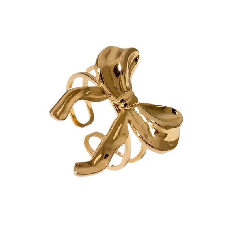 Vintage Stainless Steel Bow Ring Light Luxury Elegant Opening Finger Jewelry Ring For Women Wedding Gift