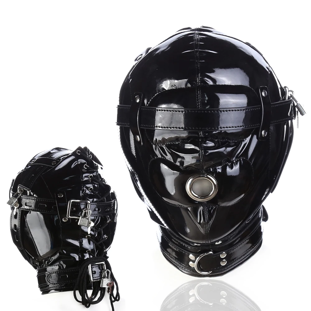 tenda Cappuccio Imbracatura per la testa con lucchetto Maschera Bocca aperta Deprivazione sensoriale BDSM Bondage Schiavo Sesso_voghion.com