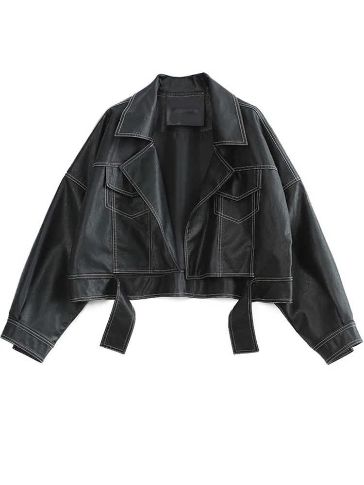 

FTLZZ New Spring Autumn Moto Biker Pu Coat Women Streetwear Turn-down Collar Faux Leather Jacket Lady Casual Short Outwear