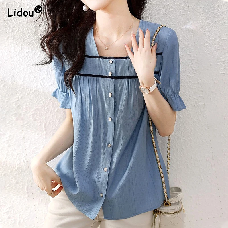 2023 Women's Clothing New Fashion Casual Loose Square Collar Simplicity Button Patchwork Summer Thin Solid Short Sleeve Blouses