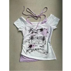 Vintage Retro Grunge Flower Print Crop Top - Y2K Summer Fashion Streetwear Halter Tee - S (WHITE)
