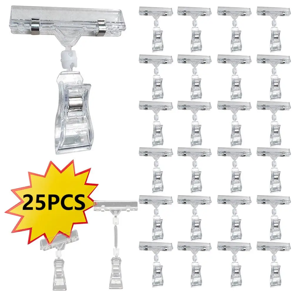 Price Tag Holder Clear Acrylic Merchandise Sign Clips Swivel Label Rack for Supermarkets Supply Store 25Pcs