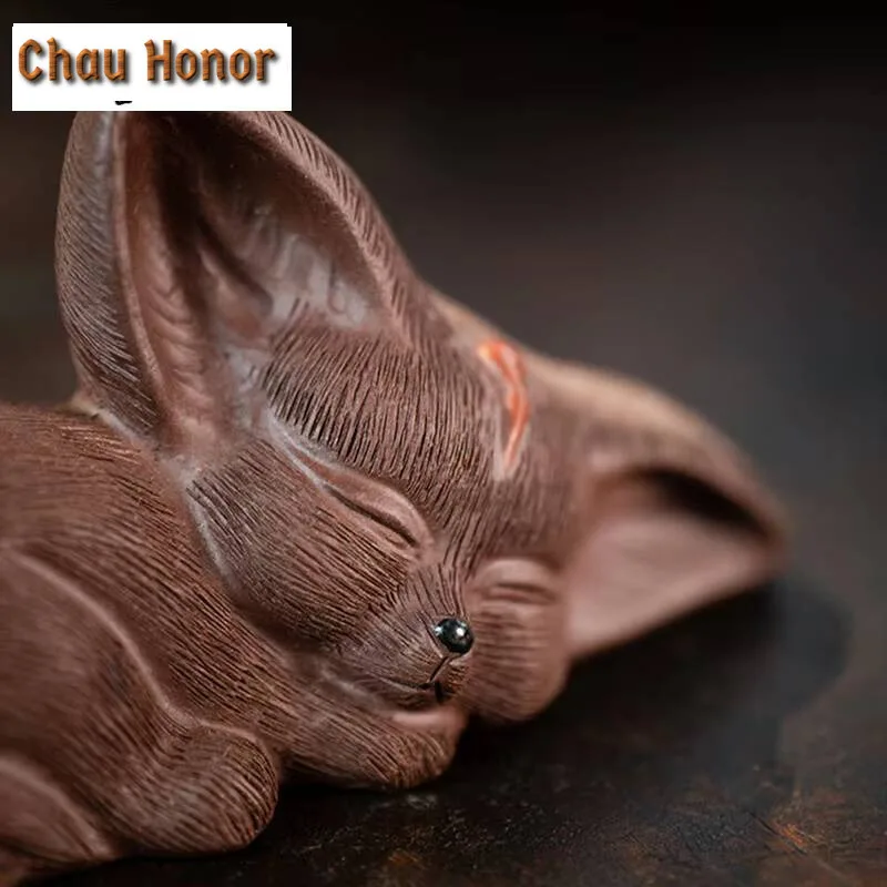 Chinese Yixing Purple Clay Sculpture Tea Pet Lucky Fox Statue Art Ornaments Animal Tea Figurine Crafts Home Tea Set Decors Gifts