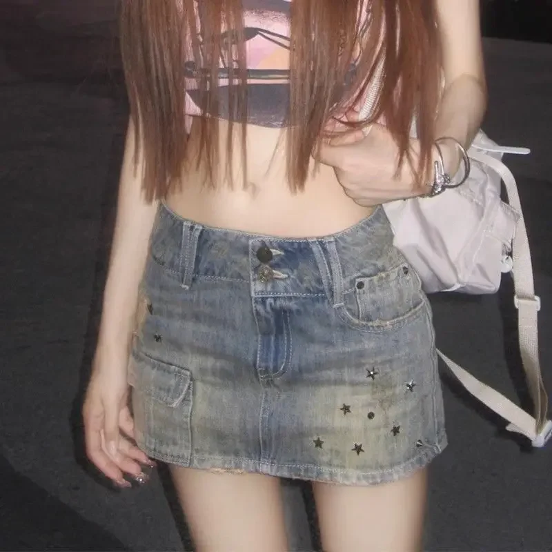 Deeptown Vintage Y2k Denim Skirt Women Sexy Harajuku Star