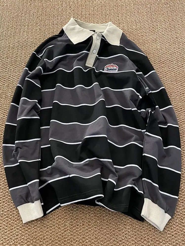 

Striped POLO Shirt Top Women Japan Retro Long-sleeved Men Loose Trend Couple BF Lapel Sweatshirt Preppy Hip Hop Cool Shirts