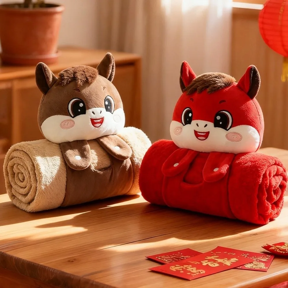 Soft Warm Horse Mascot Blanket Comfortable Cartoon Flannel Blanket Fluffy Throw Folding New Year Throw Blanket Living Room