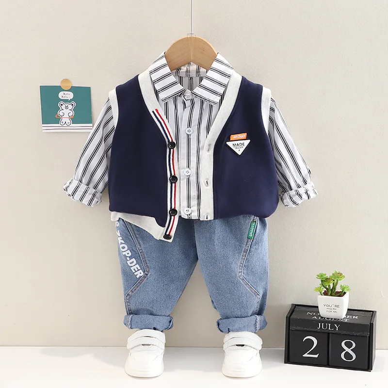 

2022 Spring Baby Boy Clothing Sets Kids Outfits Toddler Infant Vest Stripe Shirt Jeans Children Casual Clothes Newborn Tracksuit
