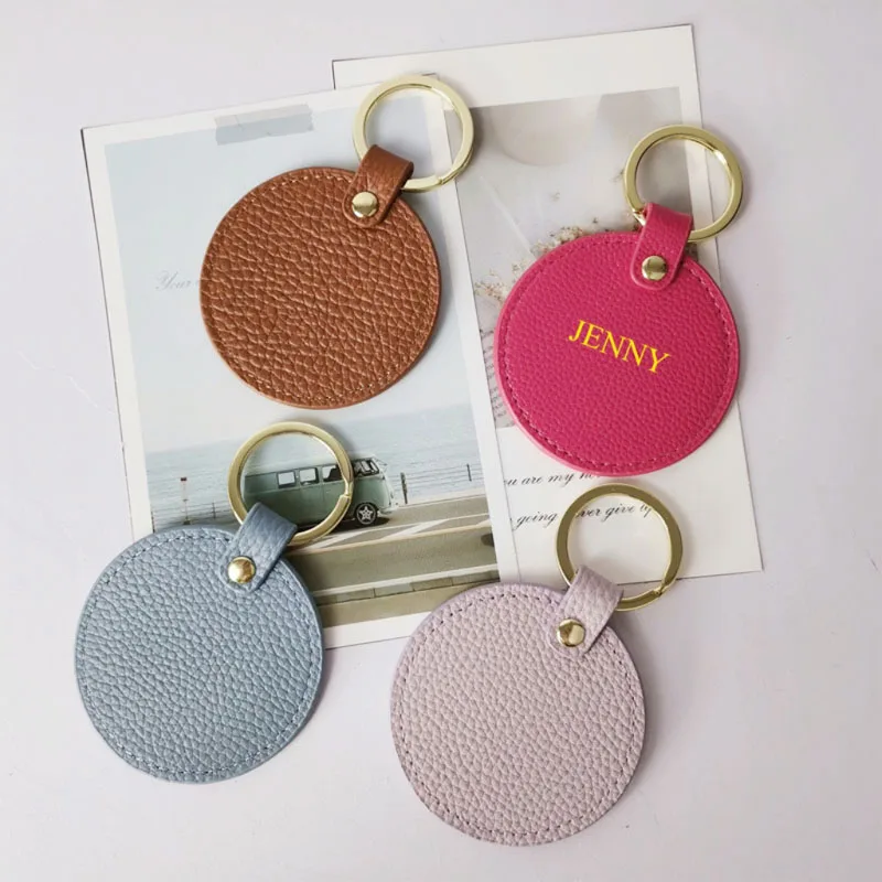 

Fashionale customize key chain ring holder personalized gift round pebble leather car key rings for women