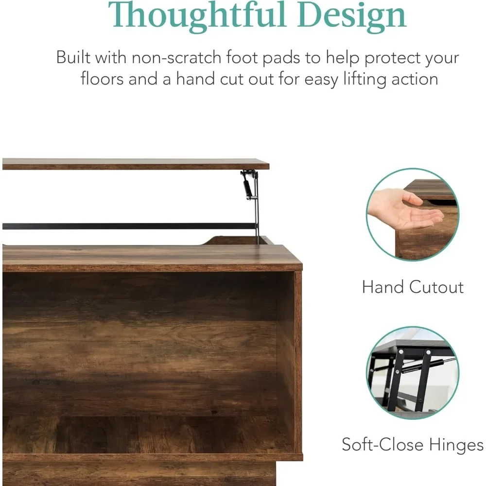 Lift Top Coffee Table, Wooden Rustic Multifunctional Accent Table for Living Room W/Hidden Storage, Non-Scratch Pads 6