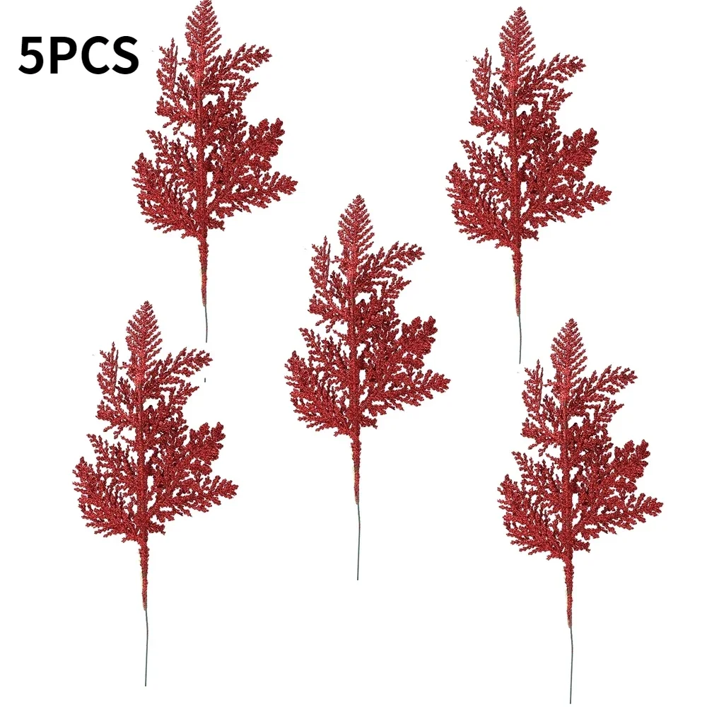 Set of 5 Gold Glitter Pine Branches for Festive Home Decoration