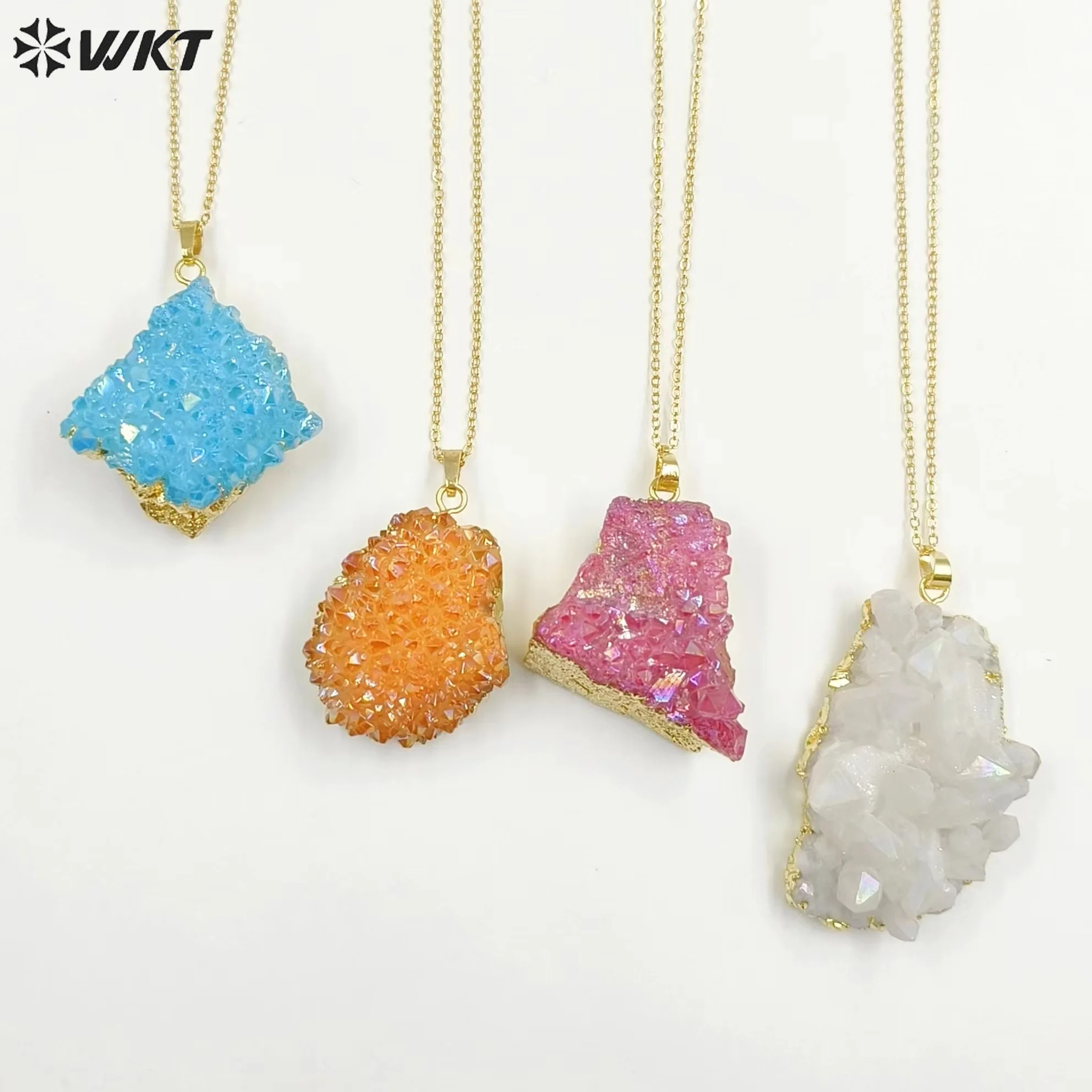 

WT-N1441 Lucky Colorful Druzy Aura Cluster Crystal Quartz Necklace 18k Real Gold Plated Raw Stone Pendant Necklace