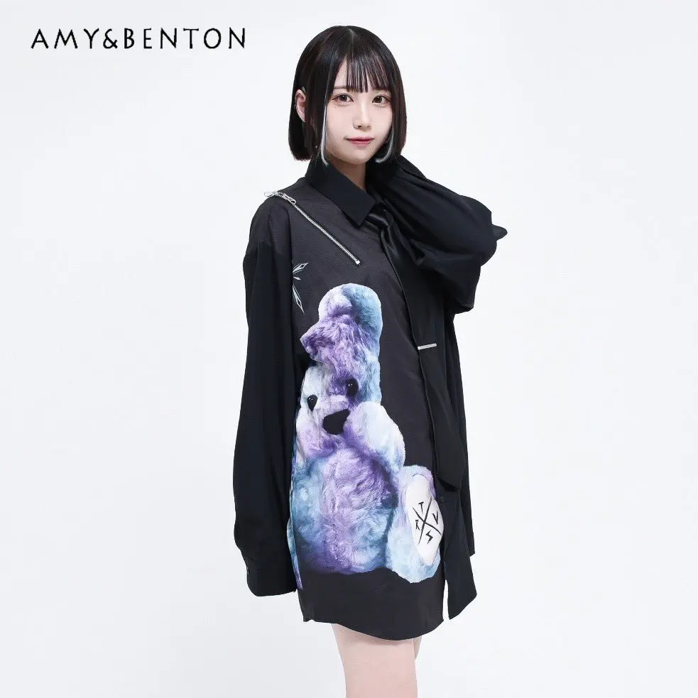 

Japanese Harajuku Black Mine Shirt Women Couple Cute Bear Printing Two-Way Wear Long-Sleeve Tie Long Sleeve Blouse Summer Blusas