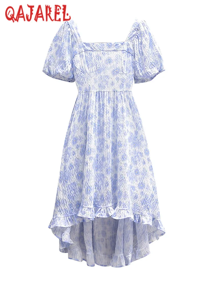 

Blue Floral Chiffon Pleated Chic Ruffled Midi Dress 2024 Women Elegant Square Collar Beach Dress Summer Bodycon Holiday Vestidos