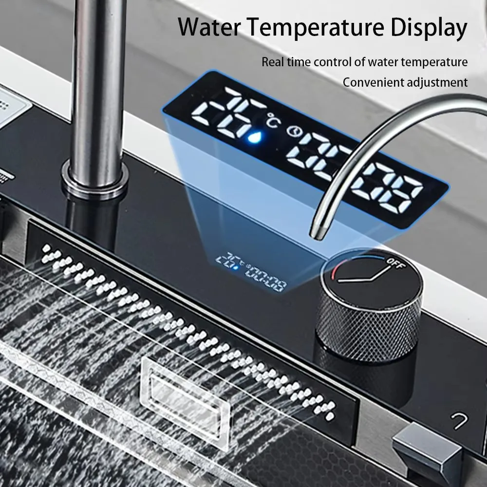304 Stainless Steel Waterfall Kitchen Sink Large Single Slot Integrated Digital Display Faucet Set Soap Dispenser Cup Washer