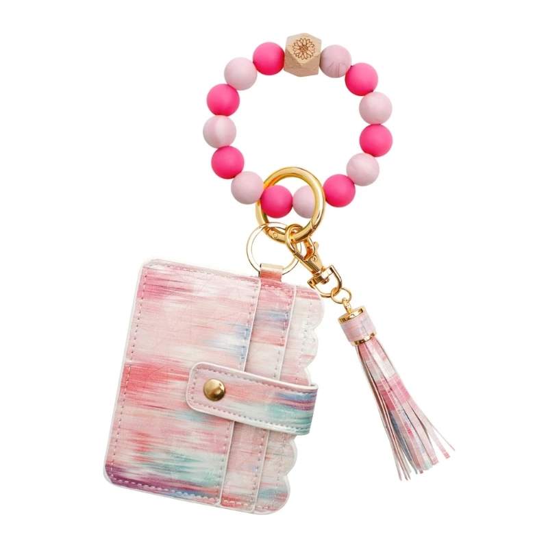 Wristlet Bracelet Keychain Circle Key Ring Pocket Card Holder for Women in Pink