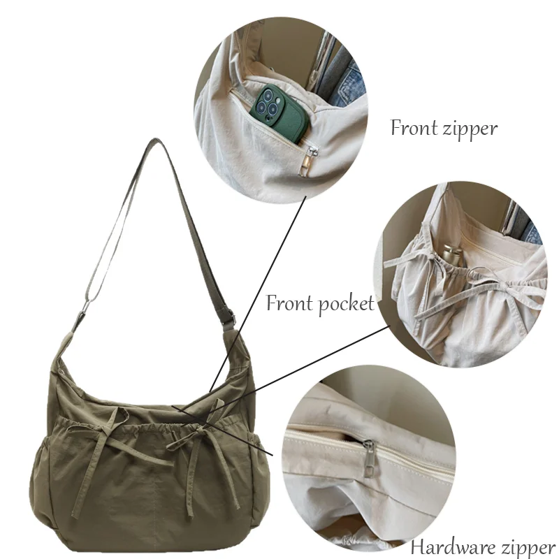 Large Capacity Women's Shoulder Bags Lightweight Nylon Pleated Crossbody Bag Multiple Pockets Hobo Bag For Women Commuting