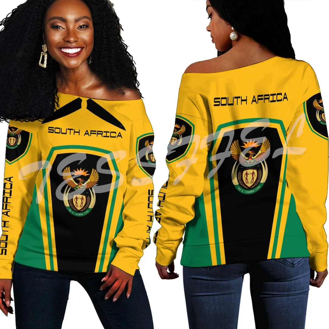 South Africa Country Flag Tattoo Tribe Retro Vintage Off Shoulder Sweatshirts Long Sleeves 3DPrint Harajuku Women Funny Casual K