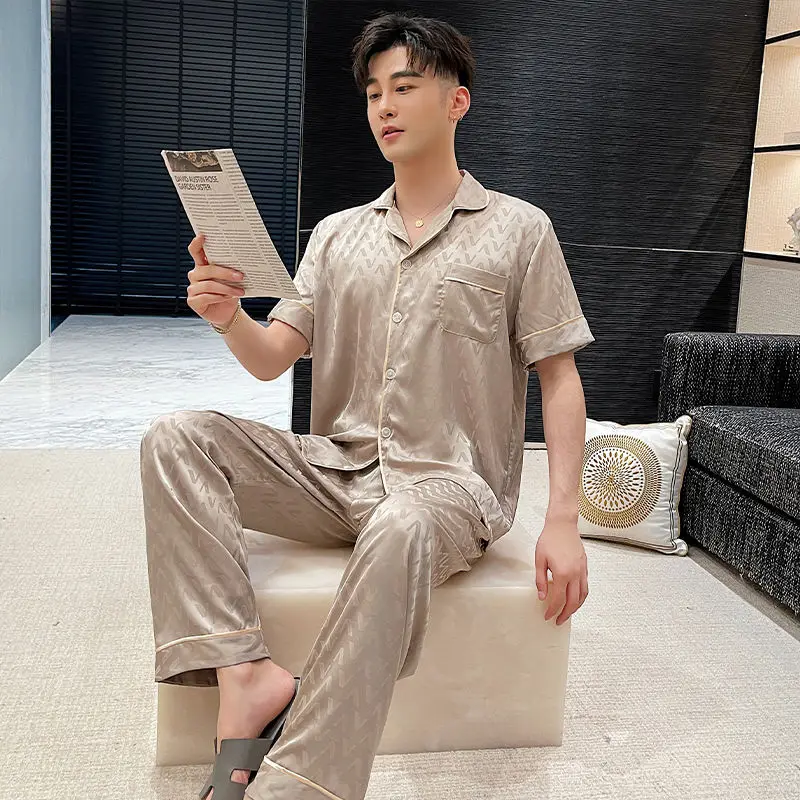 Ice Silk Pajamas Men Three Pieces Suit Short Sleeve Long Pants Shorts Sleepwear Summer Loungewear Luxury Brand Lounge Set