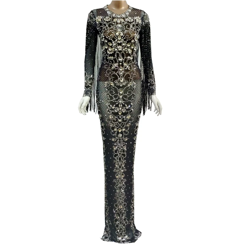 

Черное Сетчатое прозрачное длинное платье с блестящими кристаллами, вечерние праздничные женские платья, сценический костюм с бахромой и бахромой для дня рождения