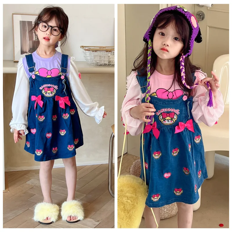 

New Denim Suspender Dresses Cute Embroidery Heavy Industry Girls Skirt Autumn Suspender Skirts Girl Dress Baby Clothes