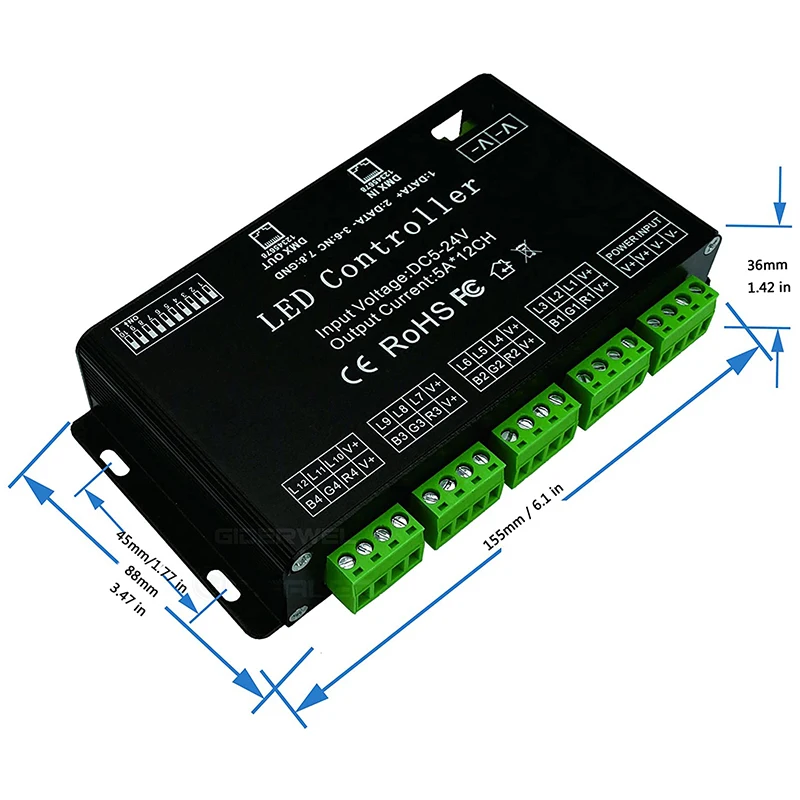 ABKN-12 채널 DMX 디코더 RGB LED 컨트롤러 60A PWM DMX512 디머 드라이버 (RGB LED 스트립 및 LED 모듈 조명용) DC12V-24V