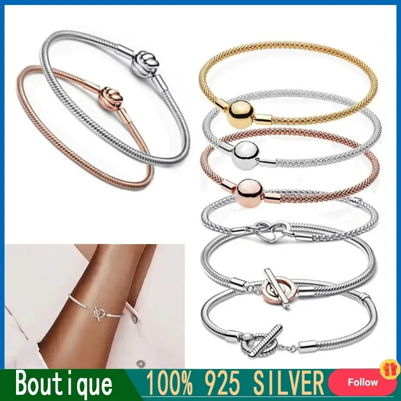 2024 Hot High Quality Women's 100% 925 Silver Original Logo T-shaped Snake Bone Chain Silver Silk Woven Bracelet DIY Jewelry