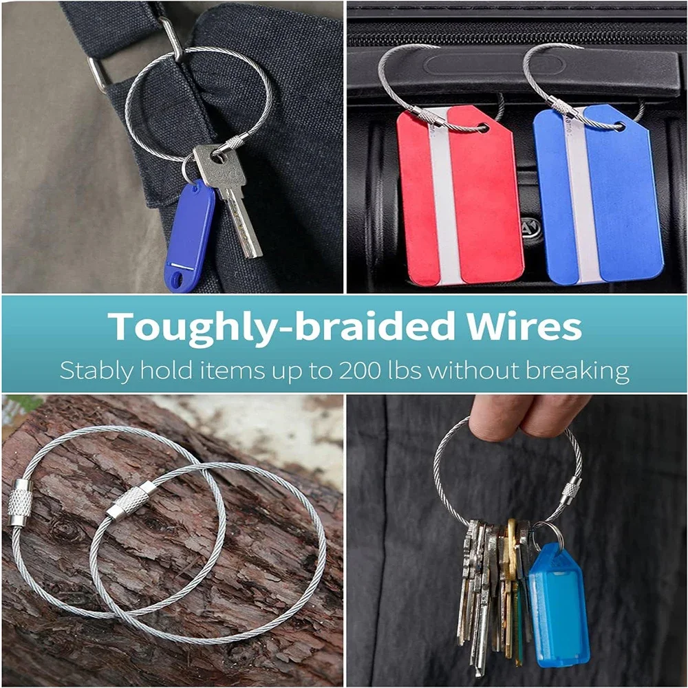100pc Stainless Steel Wire Keychain Ring Key Keyring Circle Rope Cable Loop Outdoor Camp Luggage Tag Screw Lock Gadget Wholesale