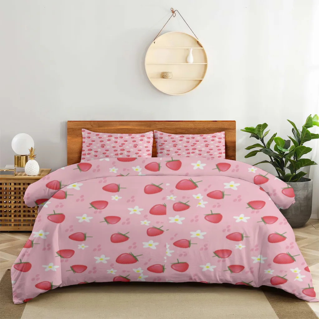 

Strawberry Shortcake Duvet Cover Pillowcase with Bedsheet Soft Bed Linen Sets Skin-friendly Bedding Set for Home