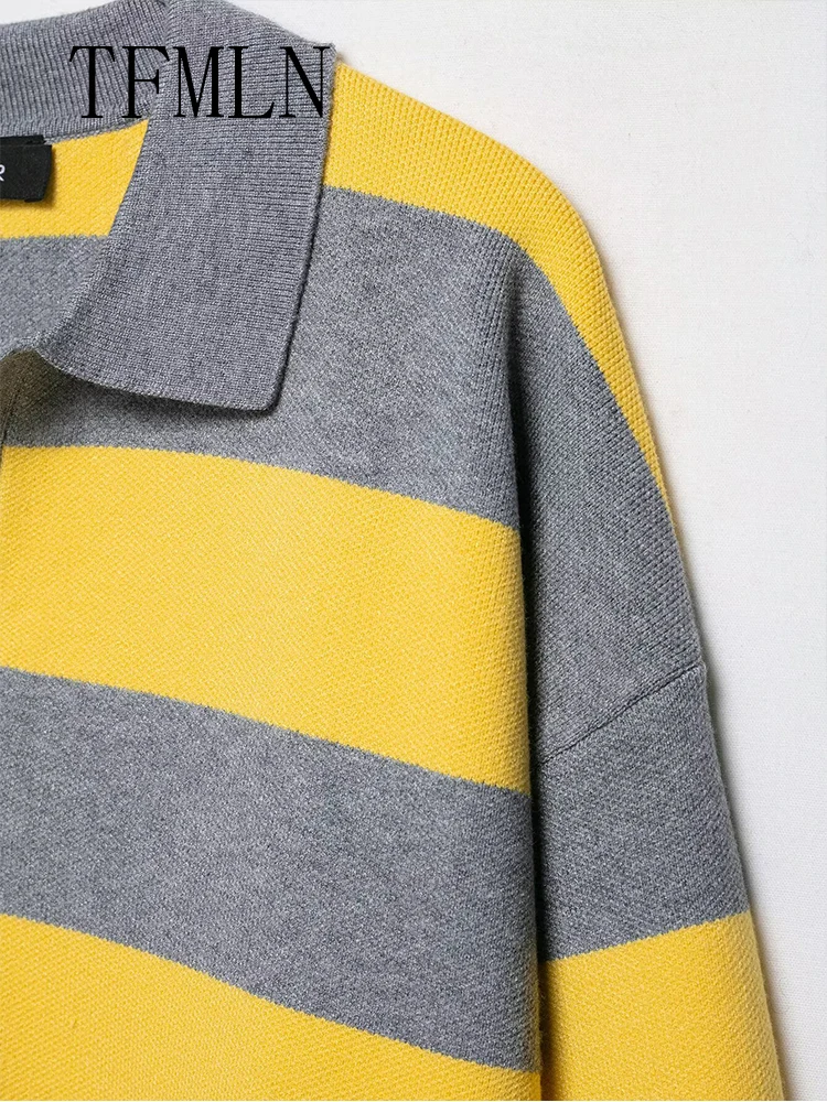 TFMLN Oversize Striped Knitter Sweater For Women 2025 Autumn Fashion Causal Loose Polo Collar Pullover Tops Chic Street Knitwear