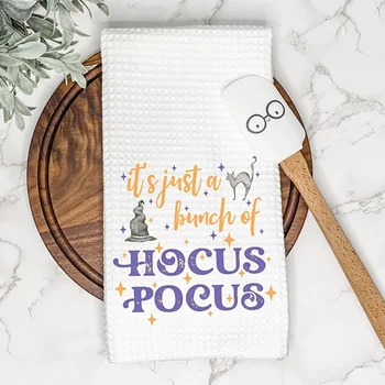 Hocus Pocus Halloween Waffle Tea Towel Fall Farmhouse Hand Dish Towel Fun AirBnb Kitchen Table Decor Housewarming Hostess Gift 1