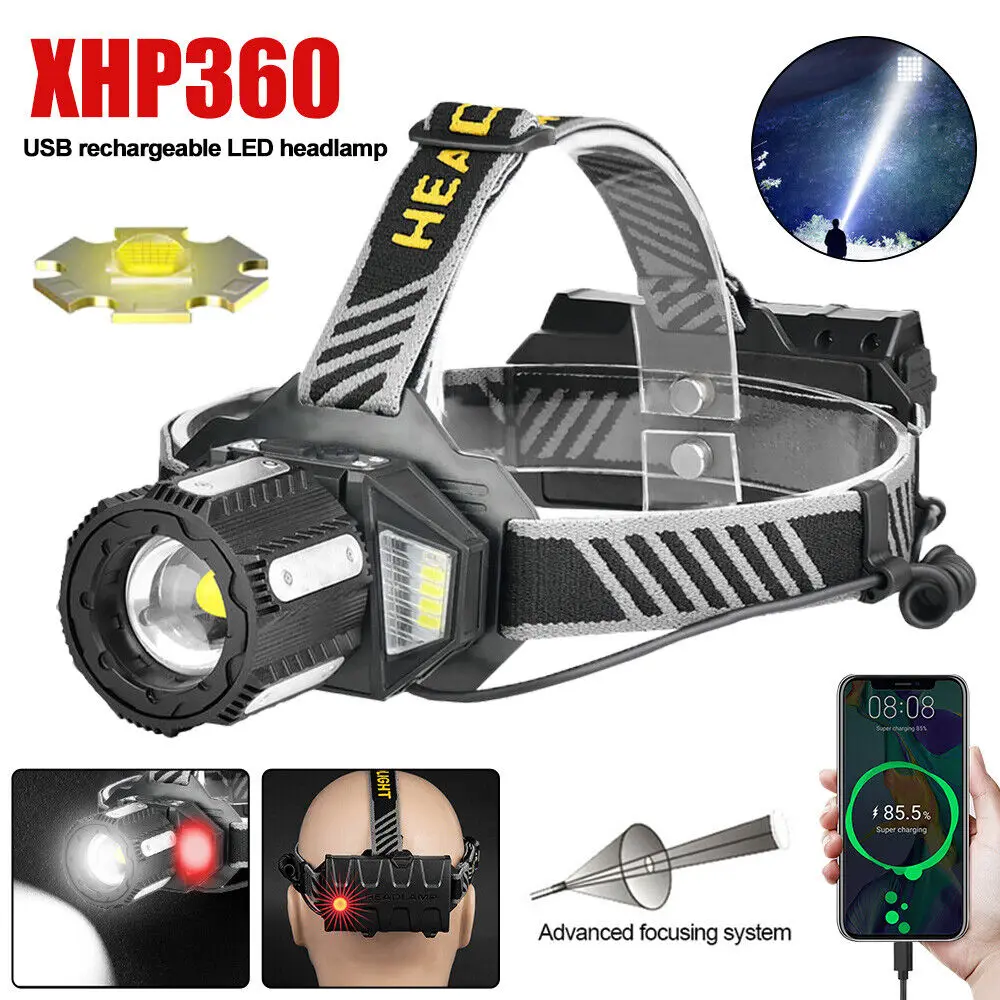 

9000000LM IR Sensor Headlight XHP360 Powerful LED Headlamp Induction USB Charging Fishing Flashlight Zoom Lantern Waterproof